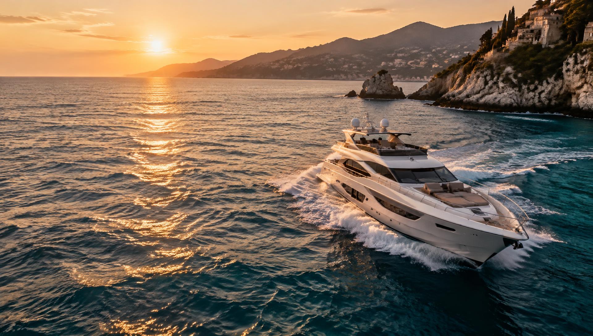 Motor yacht cruising along a Mediterranean coast at golden hour